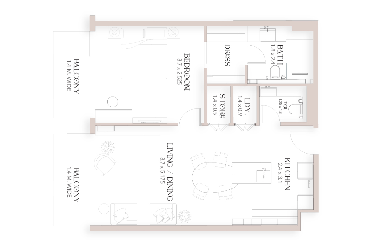 Luxor By Imtiaz Floor plan of an apartment, showing rooms like bedroom, kitchen, bath, and living/dining areas with balconies.